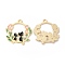 Alloy Enamel Pendants, with Rhinestone, Cadmium Free & Nickel Free & Lead Free, Golden, Flat Round with Cat & Flower Pattern, Black, 25x25x1.5mm, Hole: 2mm