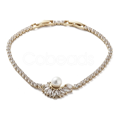 Flower Brass Link Bracelet with Clear Cubic Zirconia Tennis Chains BJEW-G690-06G-1