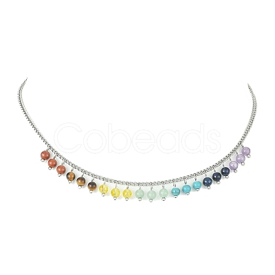 Natural & Synthetic Mixed Gemstone Round Charms Bib Necklace with 304 Stainless Steel Chains NJEW-TA00088-1