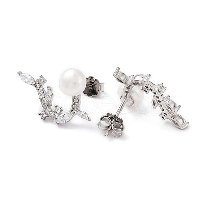 Anti-Tarnish Cubic Zirconia Leafy Branch with Natural Pearl Dangle Stud Earrings EJEW-F318-17P-1