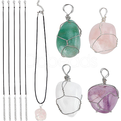 BENECREAT 4Pcs 4 Style Natural Gemstone Wire Wrapped Pendant Necklaces NJEW-BC0001-05-1