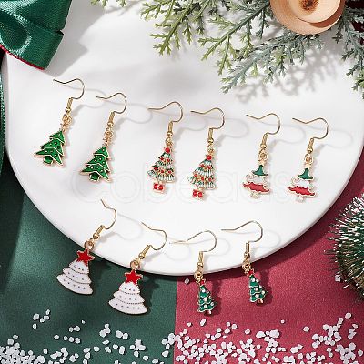 5Pairs 5 Styles Christmas Tree Alloy Enamel Dangle Earrings EJEW-JE05828-1