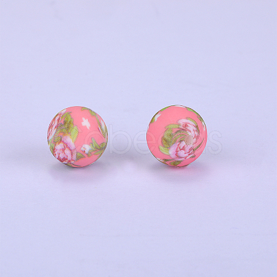 Printed Round with Flower Pattern Silicone Focal Beads SI-JX0056A-160-1