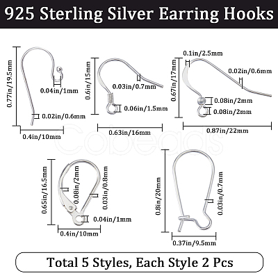 Beebeecraft 5 Pair 5 Style 925 Sterling Silver Earring Hooks & Leverback & Hoop Earrings Findings DIY-BBC0001-76-1