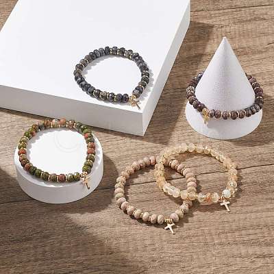 Gemstone Round Beaded Stretch Bracelet with Brass Cross Charm BJEW-JB08097-1