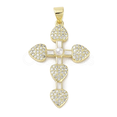 Rack Plating Brass Micro Pave Clear Cubic Zirconia Enamel Pearl
 Pendants KK-R163-01C-G-1