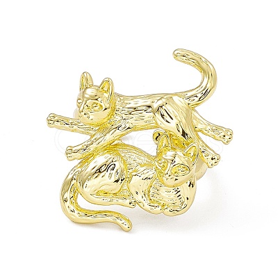 Rack Plating Brass Double Cat Open Cuff Ring for Women RJEW-I091-20G-1