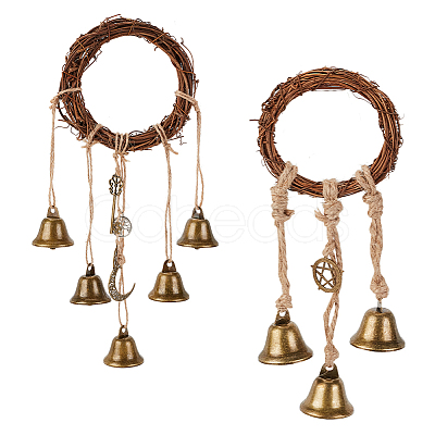 AHADERMAKER 2Pcs 2 Styles Rattan & Iron Witch Bells for Door Knob for Protection AJEW-GA0005-71-1