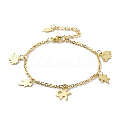 201 Stainless Steel Elephant & Leaf & Word OK Charms Bracelet with 304 Stainless Steel Chains for Women BJEW-C019-29G-1