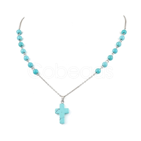 Cross Synthetic Turquoise Pendant Necklaces NJEW-JN05009-1