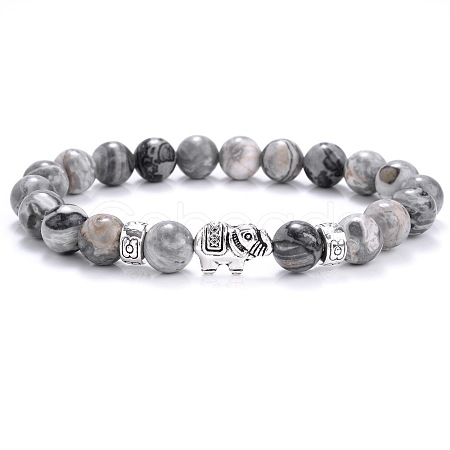 Ethnic Style Antique Silver Tone Alloy Elephant & Round Natural Map Stone Beaded Stretch Bracelets for Women Men QP2163-8-1