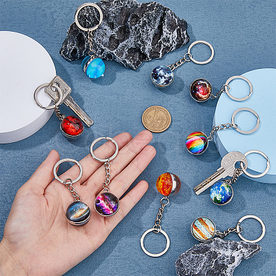 HOBBIESAY 10Pcs 10 Style Luminous Universe Planet Theme Alloy Keychain KEYC-HY0001-13-1