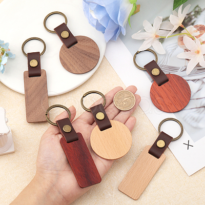 CHGCRAFT 6Pcs 6 Style Wooden Pendant Keychain KEYC-CA0001-52-1