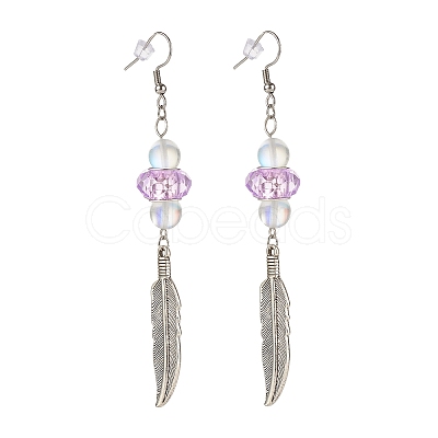 Feather with Round Beads Long Dangle Earrings for Girl Women EJEW-JE04681-1