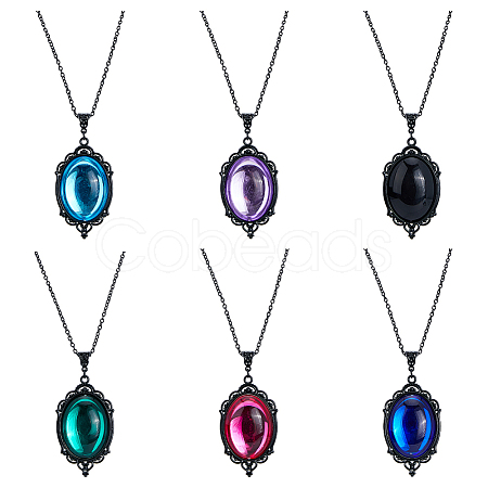 FIBLOOM 6Pcs 6 Colors Glass Oval Pendant Necklaces Set with Black Alloy Chains NJEW-FI0001-46-1