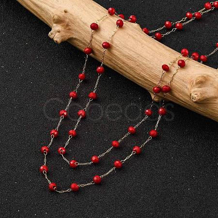 Ion Plating(IP) 304 Stainless Steel & Faceted Red Galss Link Chain Double Layer Necklaces for Women NJEW-K255-32G-1