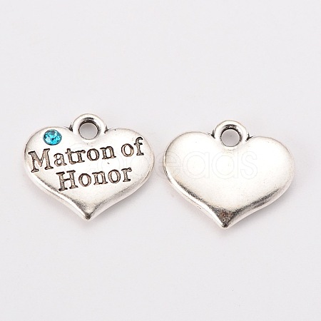 Wedding Theme Antique Silver Tone Tibetan Style Heart with Matron of Honor Rhinestone Charms X-TIBEP-N005-03E-1