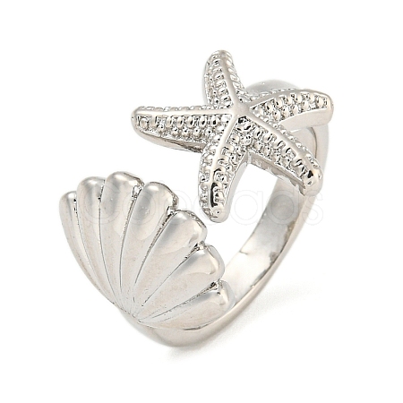 Starfish & Shell Rack Plating Brass Open Cuff Rings RJEW-N047-02P-RS-1