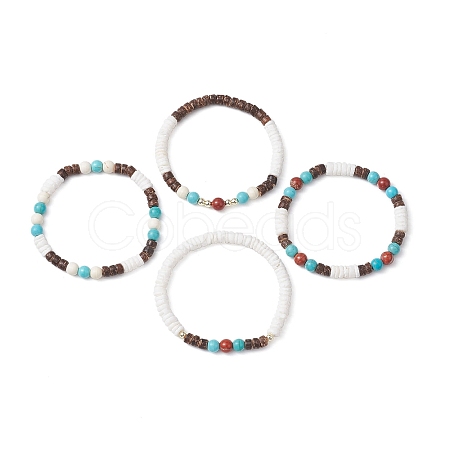 4Pcs 4 Styles Round Natural Red Jasper & Synthetic Turquoise & White Shell & Coconut Beaded Stretch Bracelet Sets BJEW-JB10812-1