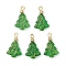 5Pcs Glass Pendants with Brass Beads, with Golden Tone Iron Loops, Christmas Tree, Green, 24x15x6mm, Hole: 2.5mm