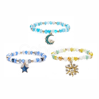 3Pcs 3 Style Moon & Sun & Star Alloy Enamel Charm Stretch Bracelets Set with Glass for Women BJEW-JB08007-1