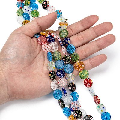 Flat Round Handmade Millefiori Glass Beads Strands LK-R004-63-1