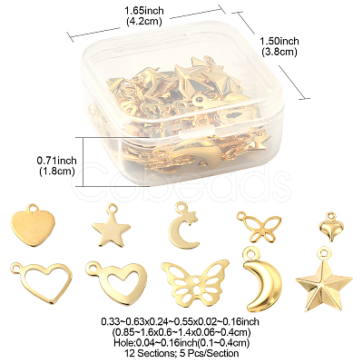 60Pcs 12 Style 304 & 201 Stainless Steel Charms STAS-FS0001-40-1