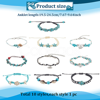 ANATTASOUL 10Pcs 10 Style Synthetic Turquoise & Natural Shell & Seed Braided Bead Bracelet & Anklet AJEW-AN0007-10-1