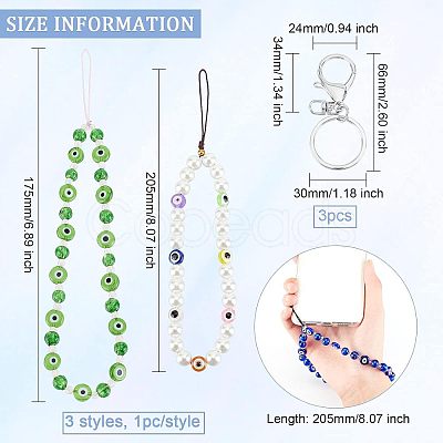 Olycraft 3Pcs 3 Style Glass Pearl & Lampwork & Glass Seed Beads Mobile Straps KEYC-OC0001-19-1