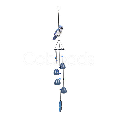 Resin Birds & Metal Bell & Wooden Feather Hanging Wind Chime Decor BIRD-PW0001-039C-1