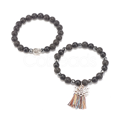 2Pcs 2 Style Natural Lava Rock & Synthetic Hematite Stretch Bracelets with Alloy Lotus & Buddha Head BJEW-JB08026-1