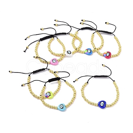 Enamel Evil Eye Heart & Brass Braided Bead Bracelet for Women KK-E033-18G-1