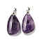 Natural Amethyst Pendants, Teardrop Charms, with Rack Plating Platinum Tone Brass Findings, Cadmium Free & Lead Free, 34x18x7.5mm, Hole: 4x5mm