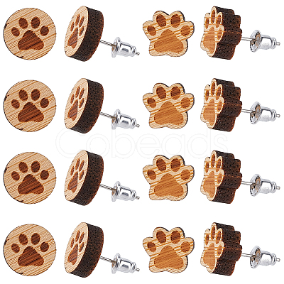 SUNNYCLUE 6 Pairs 2 Style Paw Print Wood Stud Earrings with Steel Iron Pins EJEW-SC0001-46-1