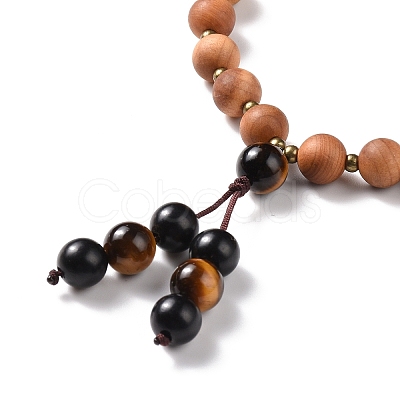 Wood & Tiger Eye Beads Wrap Necklaces NJEW-JN04135-1