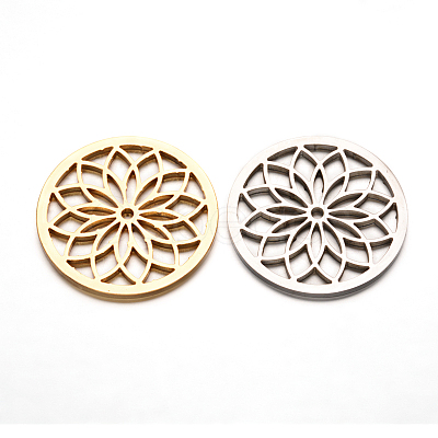 Flat Round with Flower 304 Stainless Steel Beads STAS-F079-04-1