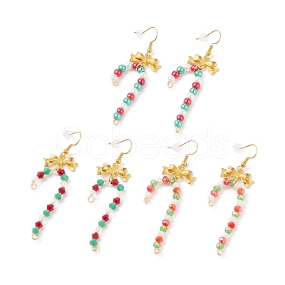 3 Pairs 3 Style Glass Christmas Candy Cane with Alloy Bowknot Dangle Earrings EJEW-JE04971-1