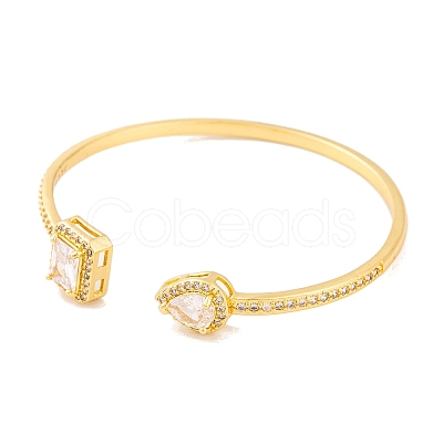 Rectangle & Teardrop Brass Pave Clear Cubic Zirconia Open Cuff Bangles with Glass for Women BJEW-S147-28B-G-1