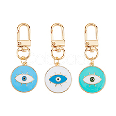 DICOSMETIC 3Pcs 3 Colors Flat Round with Evil Eye Alloy Enamel Pendant Decoration KEYC-DC0001-23-1