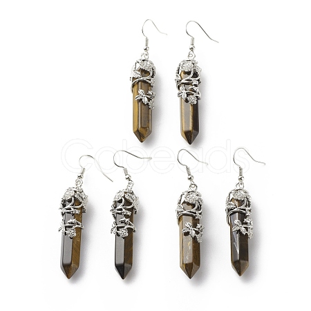 Natural Tiger Eye Bullet with Flower Dangle Earrings EJEW-G300-02P-02-1