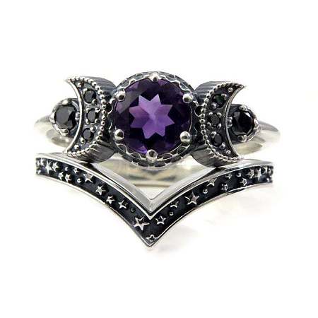 Gothic Purple Crystal Ring with Triple Moon Goddess - Black Diamond Jewelry for Women ST1124546-1