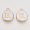 Golden Plated Alloy Charms, Cadmium Free & Lead Free, with Enamel, Enamelled Sequins, Flat Round with Letter, White, Letter.R, 14x12x2mm, Hole: 1.5mm