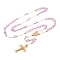 Ion Plating(IP) Crucifix Cross 304 Stainless Steel Rosary Bead Necklaces, with Acrylic Beads, Plum, 25.98 inch(66cm)