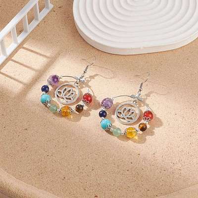 Natural & Synthetic Mixed Gemstone Beaded Big Ring with Alloy Lotus Dangle Earrings EJEW-TA00117-1