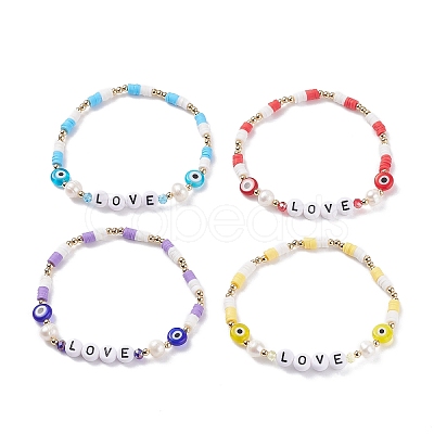 Love Word Acrylic & Heishi Polymer Clay Beaded Stretch Bracelet Sets BJEW-TA00069-1