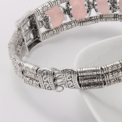 Tibetan Style Antique Silver Alloy Natural Rose Quartz Gemstone Bracelets X-BJEW-JB01649-03-1