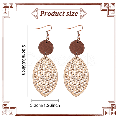 ANATTASOUL 3 Pairs 3 Colors Wood Hollow Oval Dangle Earrings with 304 Stainless Steel Pins for Women EJEW-AN0004-83-1