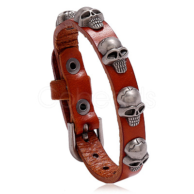 Alloy Skull Rivet Studded Cowhide Cord Bracelet SKUL-PW0004-33B-1