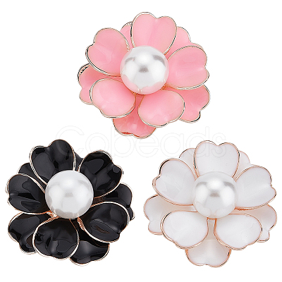 ANATTASOUL 3Pcs 3 Colors Camellia Flower Enamel Pin with Imitation Pearl JEWB-AN0001-01-1