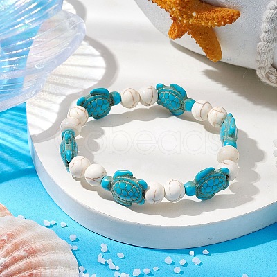 Round & Turtle Dyed Synthetic Turquoise & Magnesite Beaded Stretch Bracelets for Women BJEW-JB10936-01-1